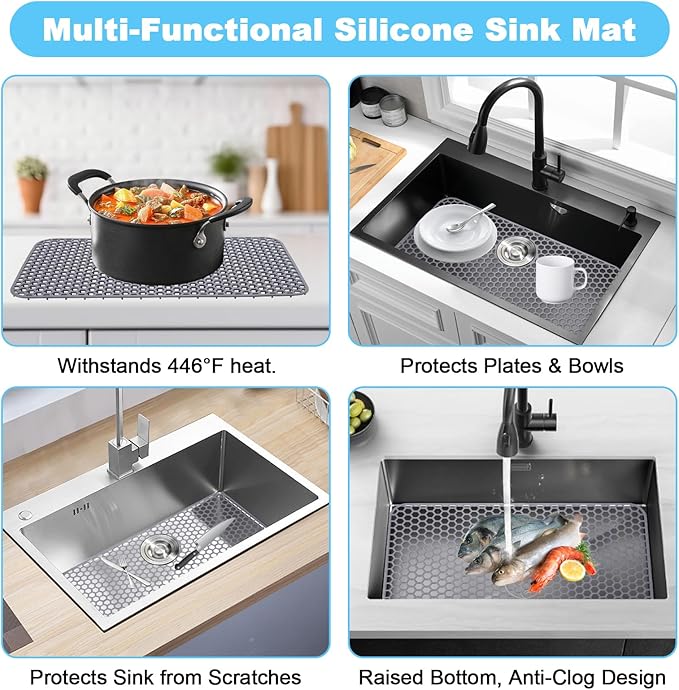 Myirxcv Silicone Sink Mat 25.78"x 14" Heat Resistant Sink Protectors for Kitchen Sink Bottom, Non-Slip Faucet Mat for Stainless Steel（Rear Drain）