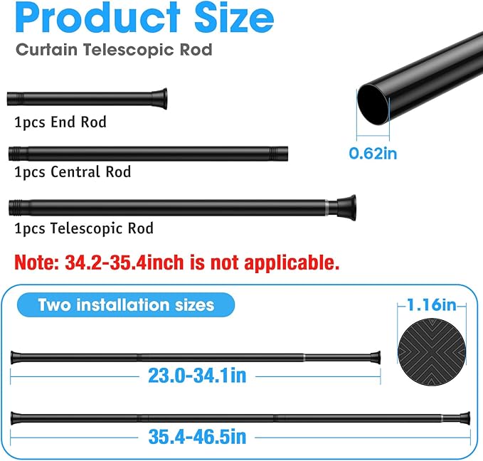 MEXAU Black Tension Curtain Rods 23 to 46 Inch,Small Curtain Rods No Drilling,Short Spring Tension Rod for Windows Door Closet,Pressure Curtain Rod