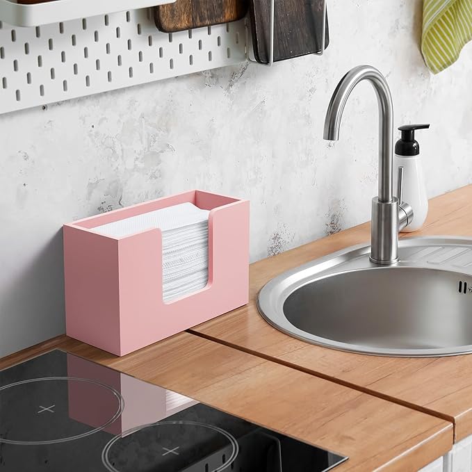Paper Towel Dispenser Countertop, Wooden Bathroom Paper Towel Holder, Pink Napkin Holder for Kitchen, Countertop Multifold C-Fold, Z-Fold, Trifold Paper Hand Towel Dispenser for Bathroom Toilet