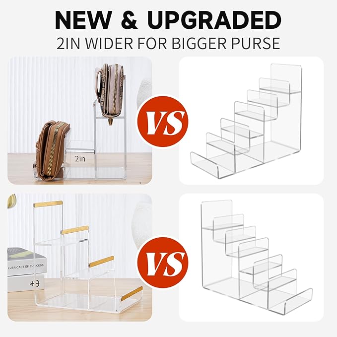2 Pack 3-Tier Purse Display Stands, Acrylic Wallet Holder Risers Stand, 2-Inch Spacing Clear Clutch Rack Handbag Display Shelf, 4MM Thick Counter Wallet Organizer for Figure Sunglasses Retail Vendor