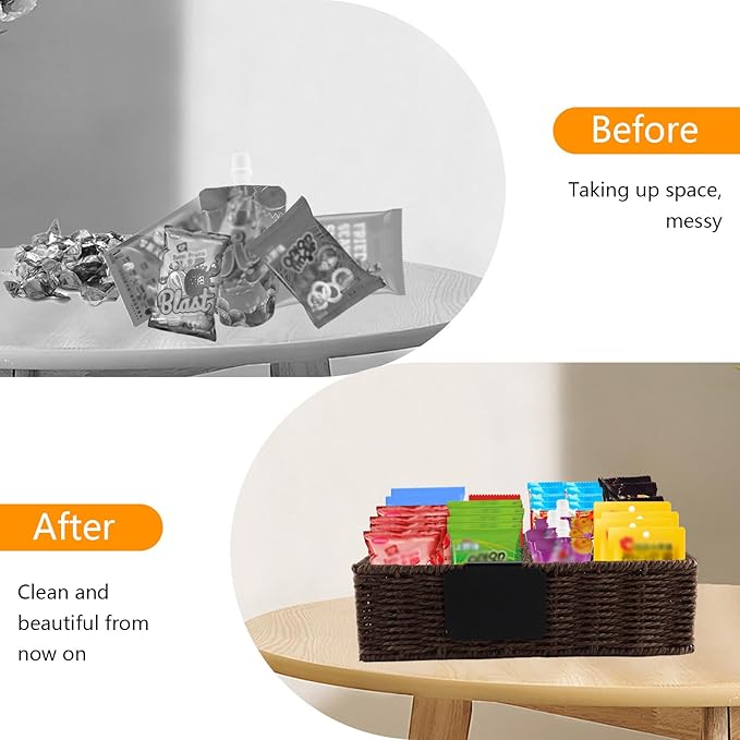 Snack Bar Station Organizer,Pantry Organizers and Storage Bins,Hand-Woven Snack Basket for Countertop with 4 Compartments,Snack Display Box for Candy,Drink Packet,Chips,Spice Organizer