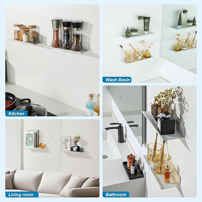 SAYAYO White Floating Shelves for Wall Storage, 12 Inch Adhesive Wall Shelves for Bedroom Decor, Display Bathroom Shelf Organizer for Kitchen, Living Room, Office, 2pcs