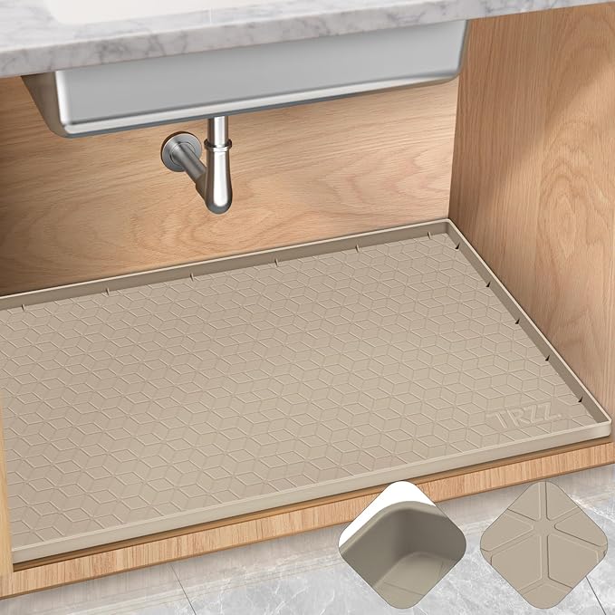 TRZZ Silicone Waterproof Under Sink Mat 31" x 22", Drip Tray and Cabinet Liner for Kitchen and Bathroom, Prevents Water Damage and Organizes Cabinets (Khaki)