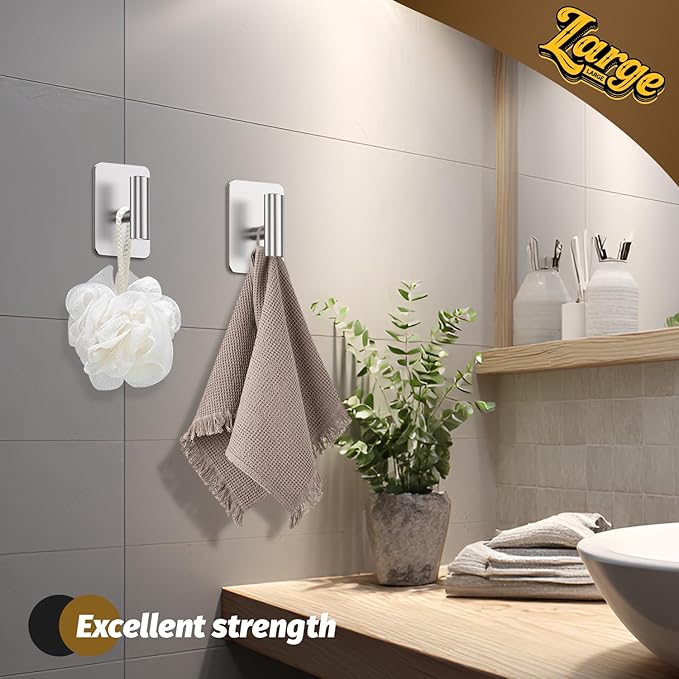 Eowihor Heavy Duty Adhesive Hooks - 26lb Max, Sticky Wall Hooks Waterproof Stainless Steel for Hanging Towel, Coat, Robe, Towel Hooks Stick on Bathroom, Kitchen, Shower, Door (Silver, 4 Pack)