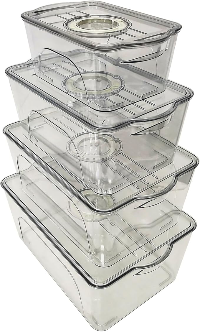 Food Storage Containers with Lids - Clear Plastic Stackable Storage Bins with Date Recorder for Fridge, Freezer, Kitchen Cabinet, Pantry Organization(Set of 4)