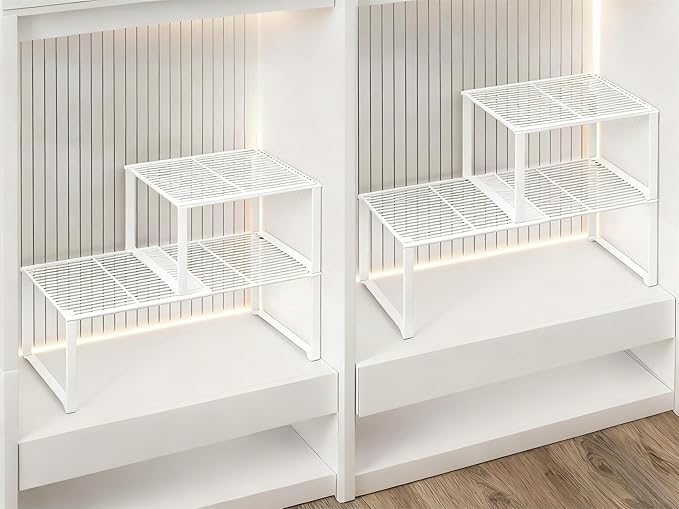Extendable Metal Wire Shelf Organizer - Adjustable 15-24.4in Length, Stackable Storage Rack for Kitchen/Pantry/Bathroom/Shoe Cabinet/Tool Closet (4, White)