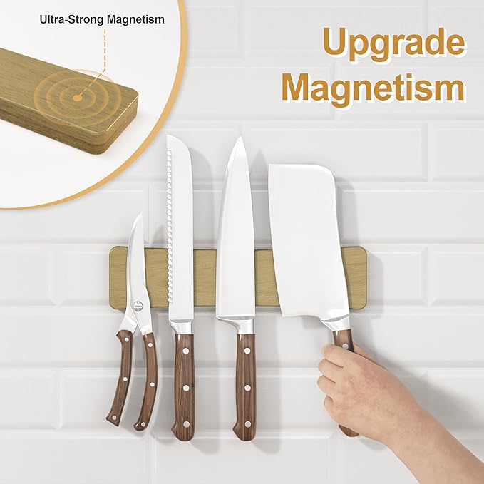 Magnetic Knife Holder for Wall, 10" Acacia Wood No Drill Knife Magnet Strip Use as Tool Key Storage Knife Bar, Powerful Wall Mounted Magnetic Knife Rack for Refrigerator & Kitchen Utensil Organizer