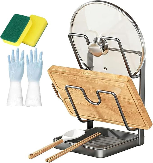 Kitchen Pot Lid Storage Rack, Pot Lid Holder While Cooking, Double Layer Lid And Spoon Rest With Tray, Multifunctional Organizer Spatula Holder For Stovetop Kitchen Counter (Double Layer-grey)