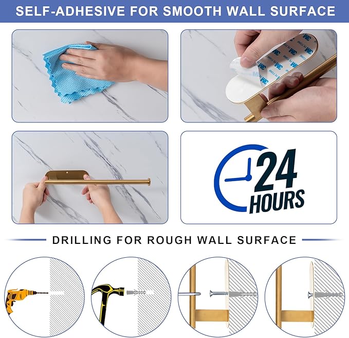 Paper Towel Holder, Upgrade SUS304 Stainless Steel Paper Towel Holder Under Cabinet, Bend-Resistant, Self-Adhesive or Drill mounting (Gold)