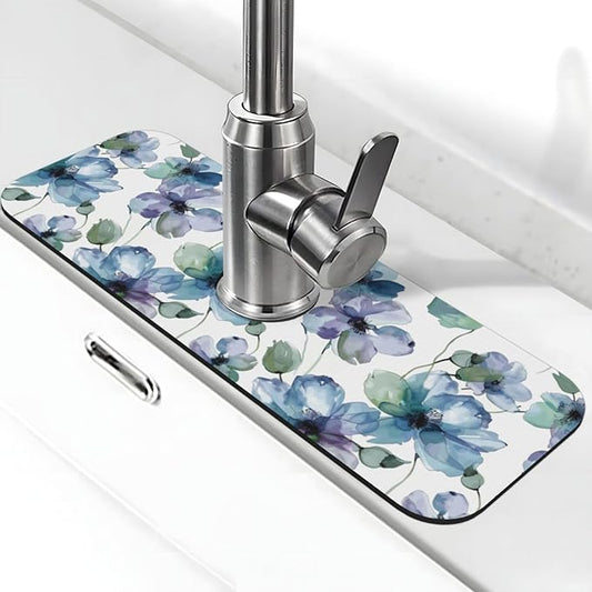 Abstract Flower Blooming Floral Watercolor Kitchen Sink Splash Guard Faucet Mat Super Absorbent Fast Drying Mat Sink Gadgets-Fast Drying Pad Sink Mat For Kitchen Bathroom (15" X 5.5" )