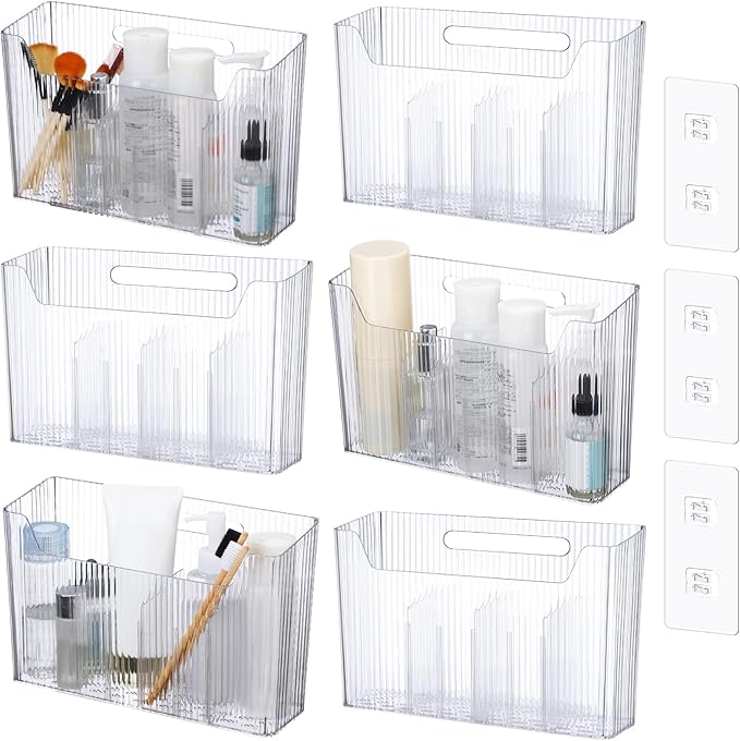6 Pack Plastic Adhesive Mount Cabinet Door Organizer Bins Clear Wall Mounted Storage Organization Container Makeup Shelves Hanging Basket for Kitchen, Bathroom, Pantry, Space Saving Holder