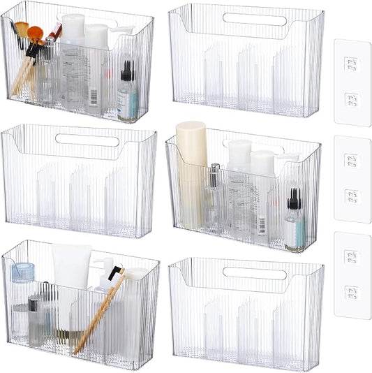 6 Pack Plastic Adhesive Mount Cabinet Door Organizer Bins Clear Wall Mounted Storage Organization Container Makeup Shelves Hanging Basket for Kitchen, Bathroom, Pantry, Space Saving Holder