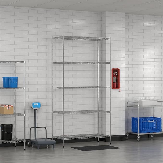 Commercial NSF Listed Chrome Stationary Wire Shelving Kit 24" x 48" x 96", with 5 Shelves Perfect for Warehouse, Walk-in Refrigerator, Freezer, Grocery Store, Restaurant, Dishroom