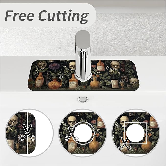 Kitchen Sink Splash Guard，Apothecary bottles, skulls Faucet Mat Sink Gadgets-Super Absorbent Fast Drying Mat Drip Catcher for Kitchen, Bathroom,Sink Mat, Dish Drying Mat, Bathroom(15" X 5.5" )