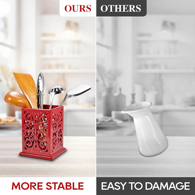 jogreful Utensil Holder, Cast Iron Kitchen Utensil Crock for Countertop, Extra Large Utensil Organizer with Weighted-Base, Housewarming Vintage Decor, Classic Style, Red