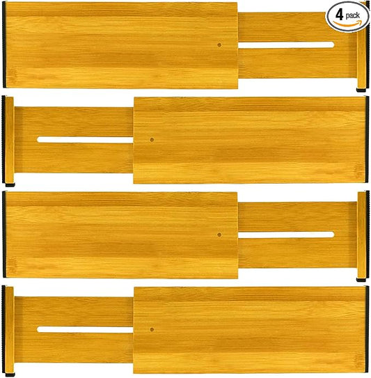 Bamboo Drawer Dividers, Adjustable 4-Piece Organizer - Spring-Loaded, Expandable 17"-22" for Home/Office/Dressers/Bedroom/Bathroom