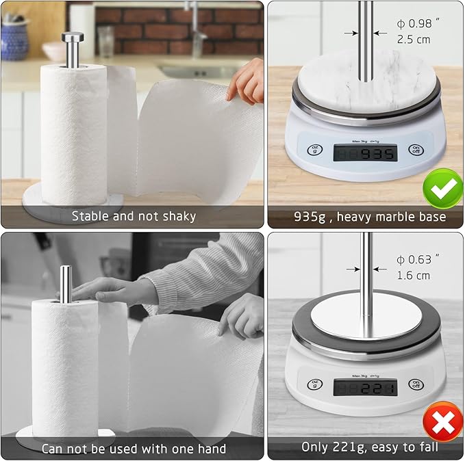 Paper Towel Holder Countertop with 7" Weighted White Marble Base,Modern Free Standing Paper Roll Holder, Brushed Nickel Finish Stainless Steel Stand Paper Towel Holder for Kitchen and Bathroom