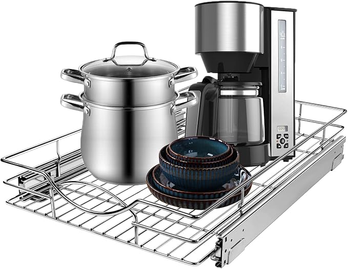 Pull Out Cabinet Organizer, Heavy Duty Kitchen Cabinet Pull Out Shelves, Slide Out Wire Basket for Kitchen Cabinets, Bathroom, Pantry, Chrome Finish (11 * 17 in)