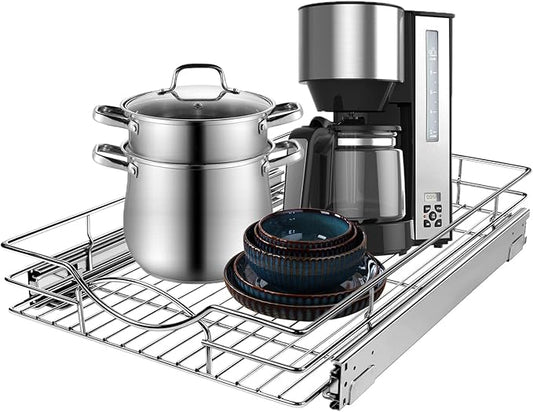Pull Out Cabinet Organizer, Heavy Duty Kitchen Cabinet Pull Out Shelves, Slide Out Wire Basket for Kitchen Cabinets, Bathroom, Pantry, Chrome Finish (11 * 17 in)
