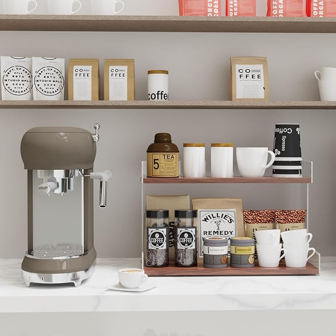 Mug Holder Countertop Coffee Station Organizer, 2 Tier Acrylic Shelf for Coffee Bar Accessories, Multi-Functional Counter Standing Shelf Tea Bags Sugar Condiment Storage Caddy for Kitchen Home Office