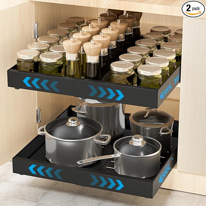 2 Pack Pull Out Cabinet Organizer Expandable Width(12.2"-20.47") & 21"Deep, Insputer Slide Out Drawers for Kitchen, Pantry with Magnetic Panel, Upgrade 3 Slide Rails, No Drill Adhesive Roll Out Shelf