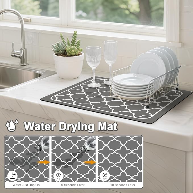 Dish Drying Mat & Coffee Mat for Kitchen Counter, Absorbent Microfiber Waterproof Mat with Non-Slip Backing, Multi-Size Multi-Color Options, Sink and Coffee Bar Accessories