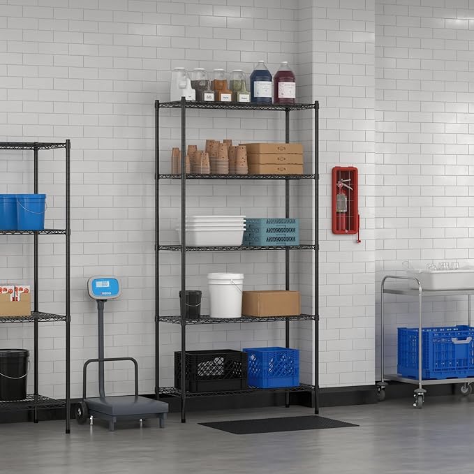 Commercial NSF Listed Black Epoxy Stationary Wire Shelving Kit 18" x 42" x 86", with 5 Shelves Perfect for Warehouse, Walk-in Refrigerator, Freezer, Grocery Store, Restaurant, Dishroom