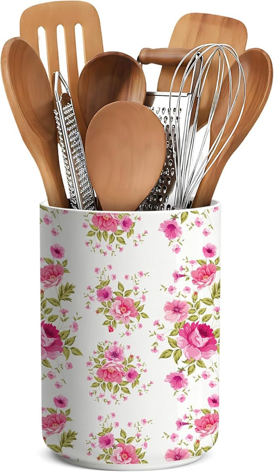 Utensil Holder,Pink Countertop Ceramic Utensil Holder,Large Cooking Utensil Crocks for Kitchen Counter Decor,Morden Utensil Organizer,Ceramic Vase for Kitchen Utensils, H6.3 xD4.7(Pink)