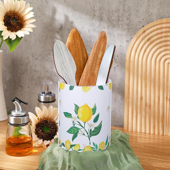 Kitchen Decorations Utensil Holder Acrylic Utensil Crock 6.3 Inch Spoon Kitchen Organizer for Countertop Coffee Spoon Holder Jar for Cooking Tools (Lemon)