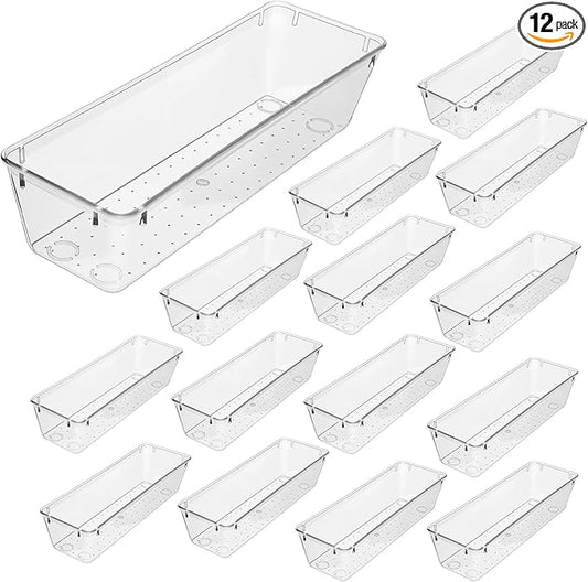 MBIYO 12 Pack Clear Drawer Organizers, 9 x 3 x 2“ Plastic Silverware Organizer Utensil Drawer Organizer for Desk Makeup Lipstick Kitchen Utensils Kitchen Drawers Dividers