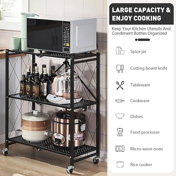 Foldable Storage Shelves with Wheels, Folding Shelving Units Storage, Heavy Duty Metal Collapsible Shelf No Assembly, Large Capacity Pop-Up Organizer for Garage,Kitchen,Living Room, 3-Tier Black