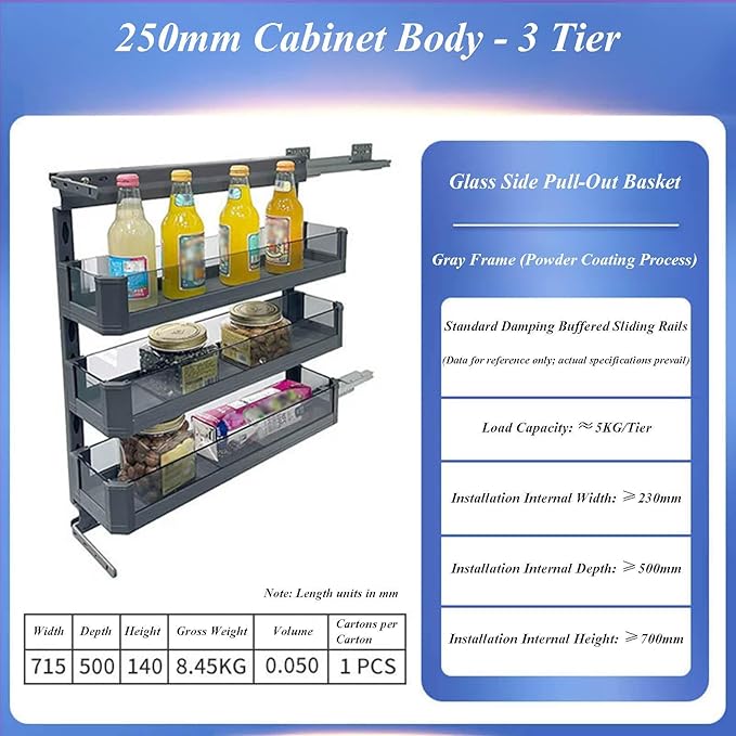 2-Tier Kitchen Cabinet Pullout Shelf and Drawer Orga Slide Out Pantry Storage Basket in Multiple Sizes, Narrow Multi-Layer Storage Rack，3 Tier，3 Tier-250mm Cabinet