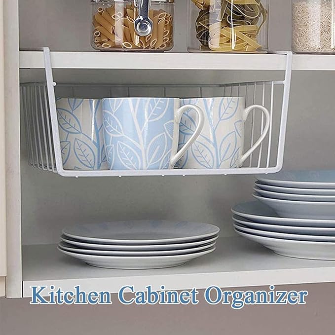 6 PACK Hanging Under Shelf Storage Basket Kitchen Cabinet Organizer Storage, Slides Under Wire Shelves for Counter Pantry Desk Bookshelf, White