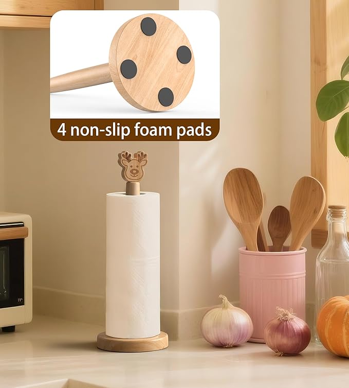 Christmas Wooden Paper Towel Holder Stand - Kitchen Winter Xmas Decoration Paper Hanger Rack Bathroom Towel Roll Stand Simply Standing Countertop Paper Roll Holder, Reindeer Design