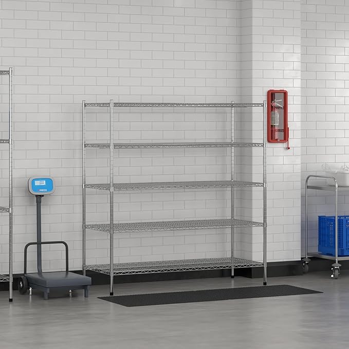 Commercial NSF Listed Chrome Stationary Wire Shelving Kit 24" x 60" x 64", with 5 Shelves Perfect for Warehouse, Walk-in Refrigerator, Freezer, Grocery Store, Restaurant, Dishroom