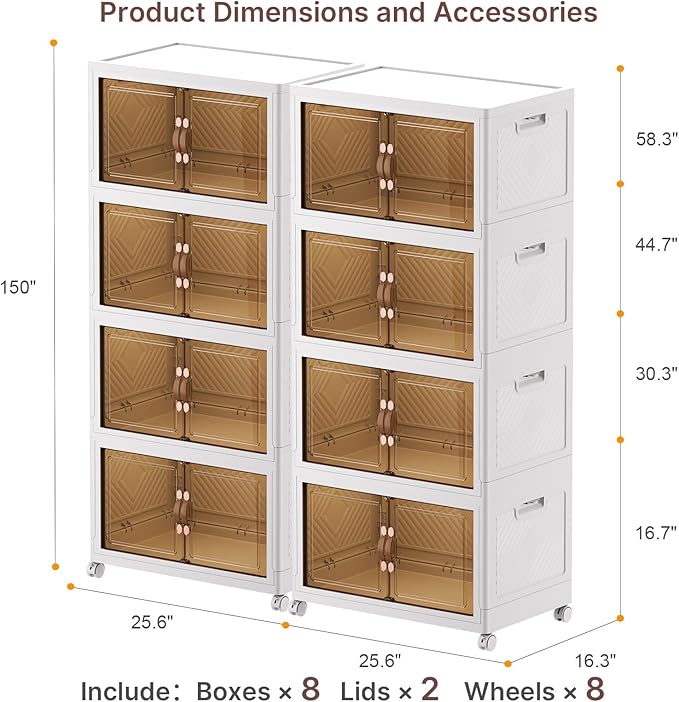 VNVTO 960Qt Stackable Storage Bins with Lids, 8 Pack Large Collapsible Bins with Wheels, Plastic Cabinet with Doors, Foldable Closet Organizers and Storage for Home, Dorm, Office, White