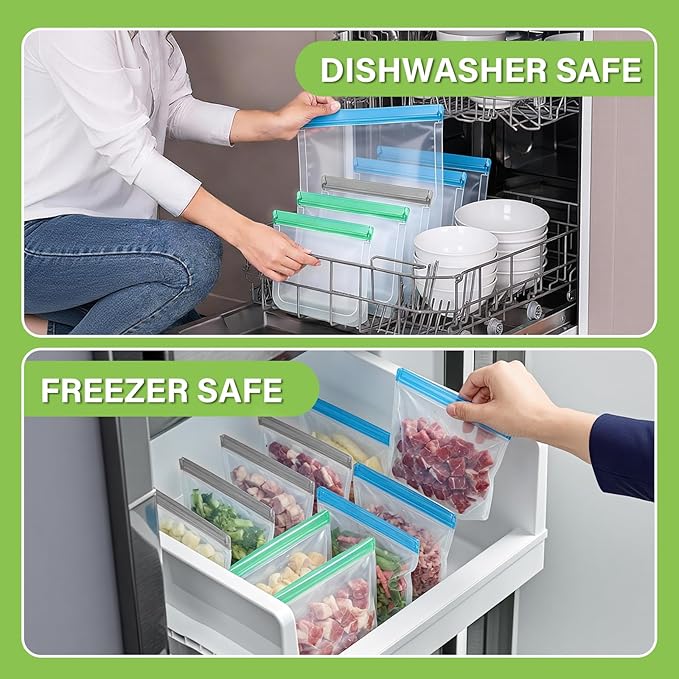 SZTCECDM Reusable Silicone Freezer Storage Bags, 9Pack Multi-Size Food Storage Containers, Leakproof Freezer & Microwave Safe Reusable Snack & Sandwich Bags - 3 Gallon 3 Snack 3 Sandwich Bags