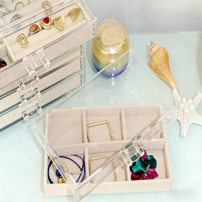 Clear Acrylic Jewelry Organizer with 5 Drawers, Acrylic Jewelry Box with Velvet Trays for Women, Transparent Earrings Display Holder for Storing Necklaces Earrings Rings, Beige