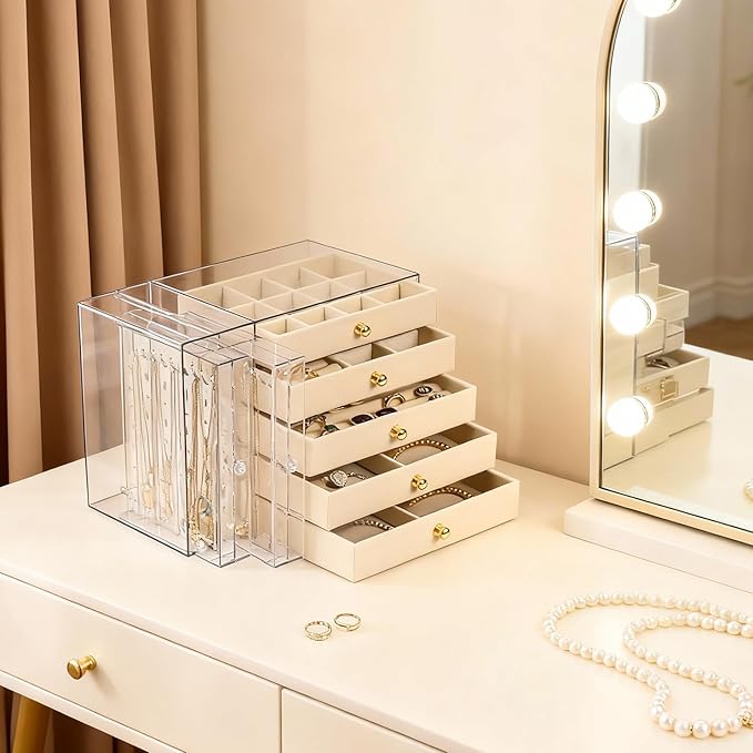 Greenfeather Jewelry Organizer with 7 Removable Drawers, Clear Acrylic Jewelry Box with 16 Necklace Hooks, 48 Pairs of Earring Holes, 5 Velvet-Lined Drawers for Rings, Bracelets, Necklaces,Off-White