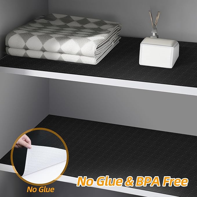 Shinlendid Shelf and Drawer Liner for Kitchen Cabinets Non-Adhesive, Strong Grip Non-Slip Thickened Cabinet Liners for Shelves, Waterproof Mats for Dresser Cupboard, Black, 23 in x 20 Feet