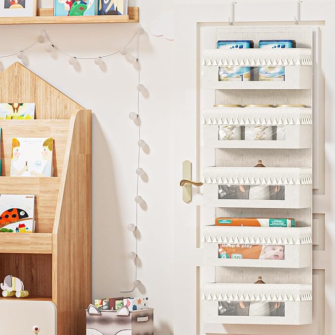 Aokeyee 5 Shelf Over The Door Organizer Nursery, Boho Closet Hanging Organizer Storage with Tassels and Clear Window, Behind The Door Storage for Baby Nursery, Bedroom, Bathroom, Laundry, Pantry
