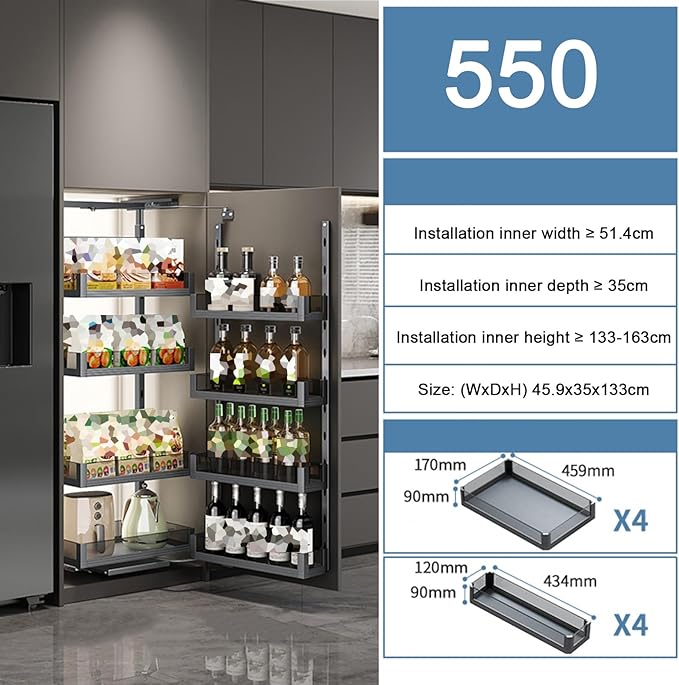 WIGING 4-Tier Narrow Cabinet Pull-Out Basket, High Cabinet Pull-Out Storage Rack with Adjustable Dividers for Kitchen Bathroom Pantry, Single-Layer Load Capacity: 15kg(45.9x35x133cm)
