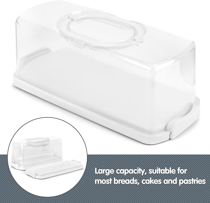 2-Pack Plastic Rectangular Bread Box with Clear Lid, Loaf Cake Keeper, Portable Bread Keeper Storage Container with Handle (White)