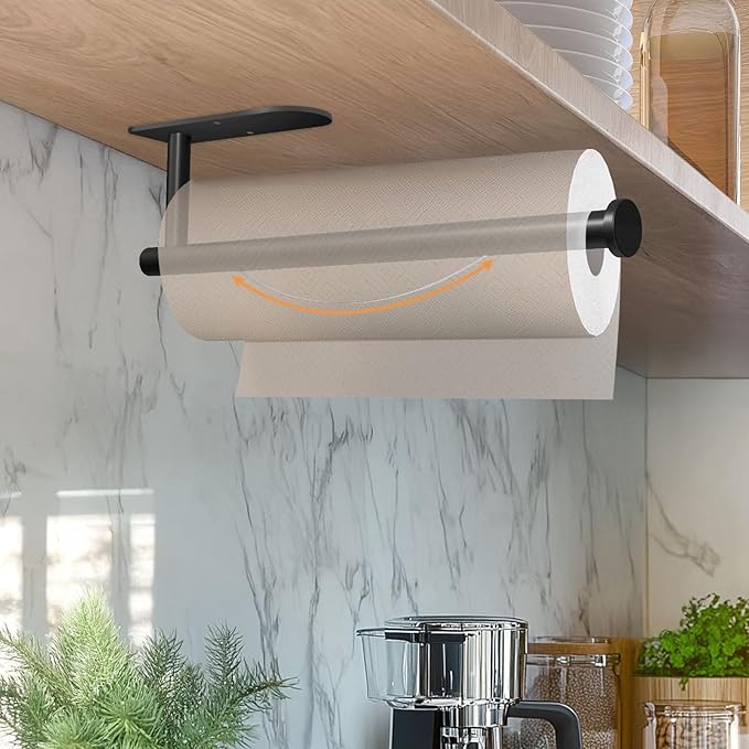 Paper Towel Holder with Damping Function, Paper Towel Holder Under Cabinet Self-Adhesive or Drilling, Wall Mounted Matte Black Paper Towel Rack for Kitchen Bathroom Rv, Stainless Steel (Black)