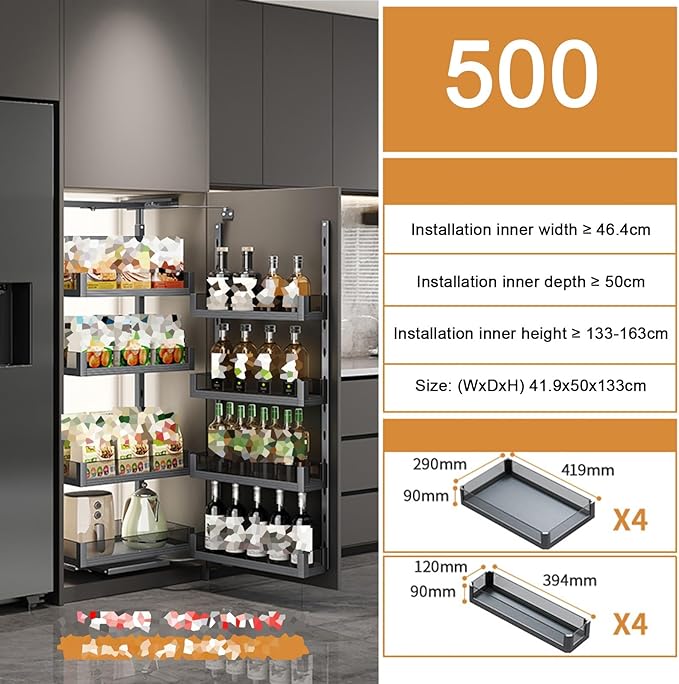 WIGING 4-Tier Narrow Cabinet Pull-Out Basket, High Cabinet Pull-Out Storage Rack with Adjustable Dividers for Kitchen Bathroom Pantry, Single-Layer Load Capacity: 15kg(41.9x50x133cm)