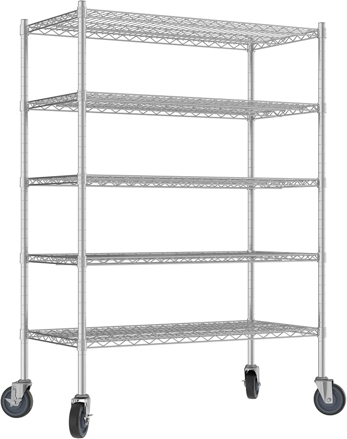 Commercial NSF Listed Chrome Mobile Wire Shelving Kit 21" x 42" x 60", with 5 Shelves Perfect for Warehouse, Walk-in Refrigerator, Freezer, Grocery Store, Restaurant, Dishroom