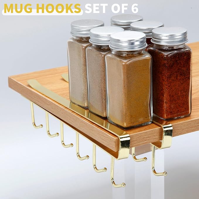 2pcs Mug Organizer for Kitchen Cabinets,Under-Shelf Coffee Cup Mug Rack with 6 Hooks,Fit for 1.1 Inch Thickness Shelf or Less,Suitable for Holder Hanger for Cups/Keys Storage/Scarf.Gold