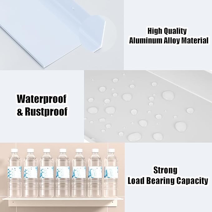 White Adhesive Shower Caddy 30cm, Floating Bathroom Shelves for Wall 2 Pack, Metal Bathroom Wall Shower Shelves Storage Organizer for Kitchen Home