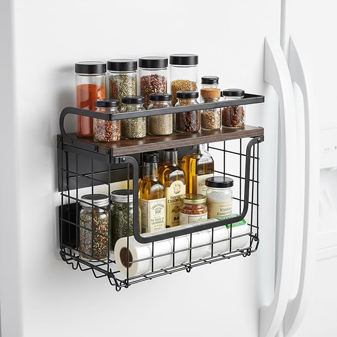 Mowhut Magnetic Shelf for Fridge, Magnetic Spice Rack with Wood Lid & 2 Hooks, Fruit Potato and Onion Storage Bin, Refrigerator Organizers and Storage, Kitchen Pantry Countertop & Cabinet, Black