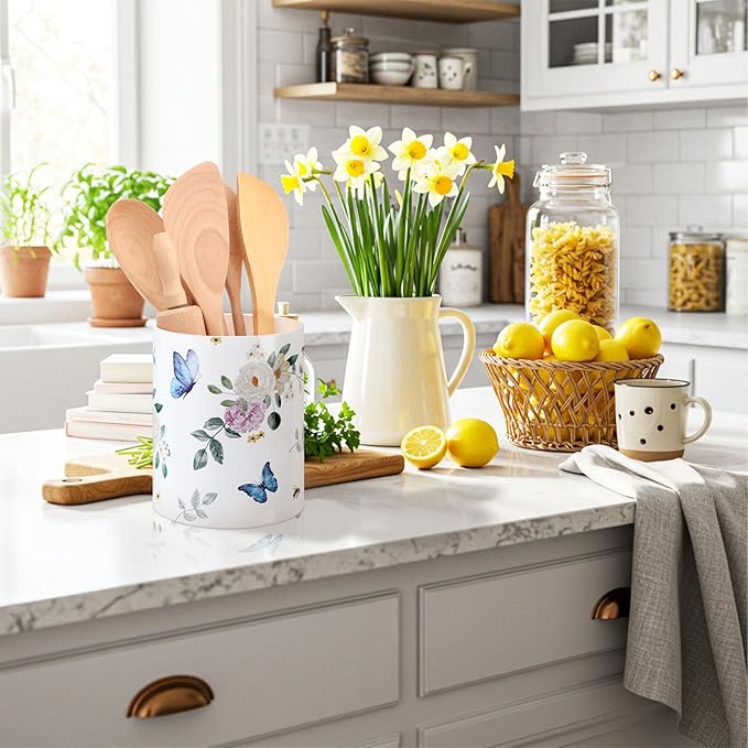 WILLBOND Butterfly Kitchen Decor Acrylic Butterfly Kitchen Utensil Holder Crock Spoon Organizer for Countertop Table Decor Coffee Spoon Holder Jar for Cooking Tools